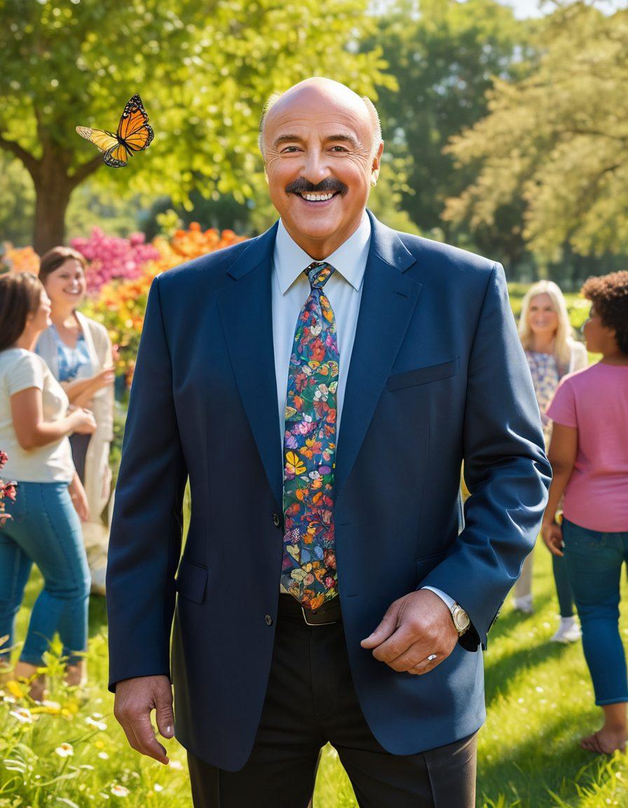 A serene and uplifting scene depicting Dr. Phil standing in a sunlit park, surrounded by diverse individuals of all ages sharing joyful moments; vibrant colors radiate happiness, with symbols of resilience like blooming flowers and butterflies fluttering around them. super-realistic. vibrant colors. sunny background.