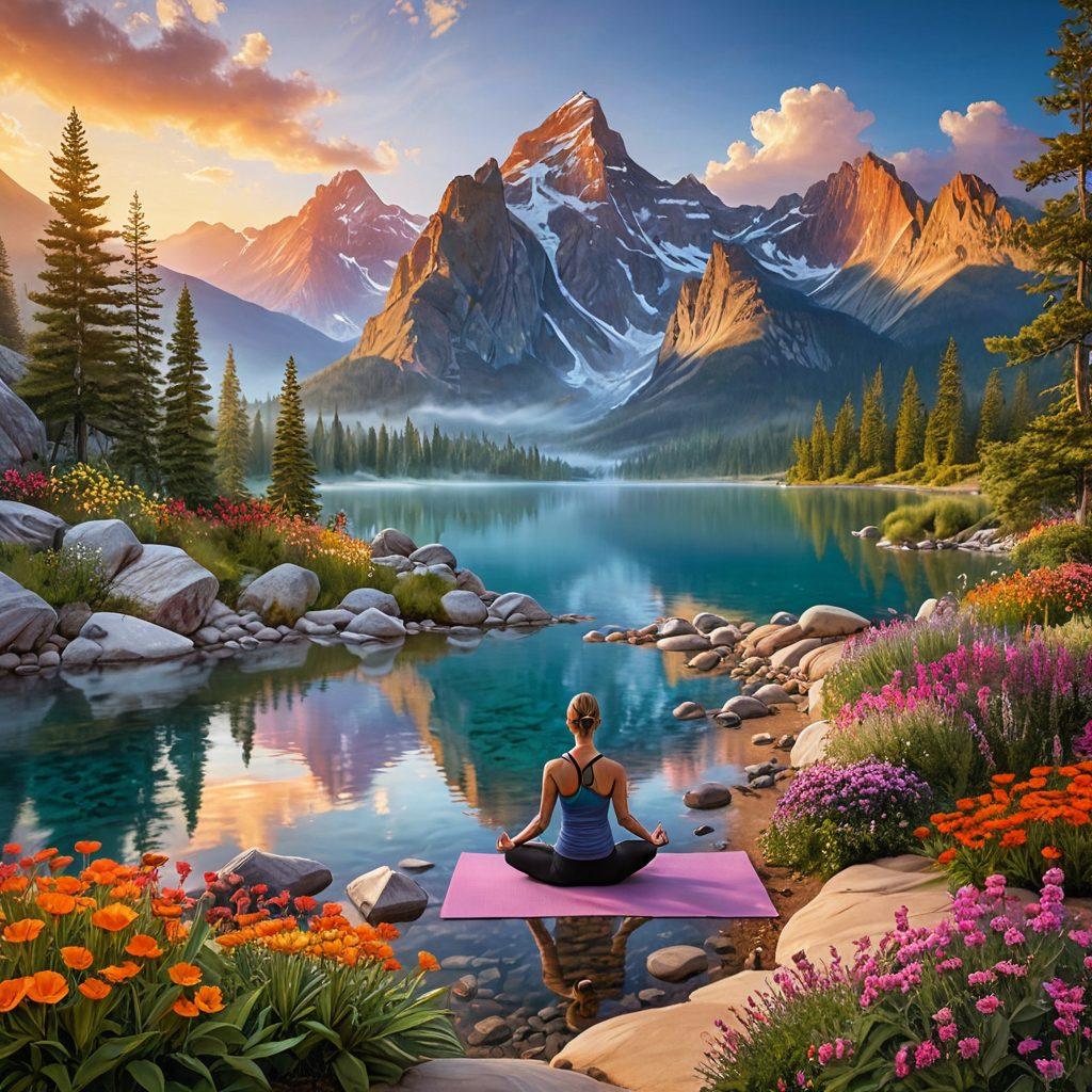 An inspiring scene depicting a serene landscape with a gentle sunrise illuminating a diverse group of people engaging in holistic practices like yoga, meditation, and nature walks. Surrounding them are vibrant flowers and soothing water elements, symbolizing peace and cheerfulness. In the distance, a mountain range represents personal growth and self-improvement. Ethereal light and warm colors enhance the uplifting atmosphere. super-realistic. vibrant colors. nature-themed.