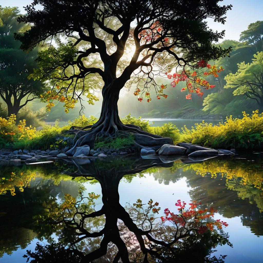 A serene landscape featuring a strong, ancient tree symbolizing resilience, surrounded by blooming flowers and soft sunlight filtering through the leaves. In the foreground, a tranquil river reflects the tree, representing emotional well-being. Include a silhouette of a person meditating near the water, embodying peace and self-reflection. super-realistic. vibrant colors. warm background.